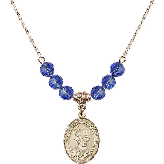 14kt Gold Filled Saint Louis Marie de Montfort Birthstone Necklace with Sapphire Beads - 8330