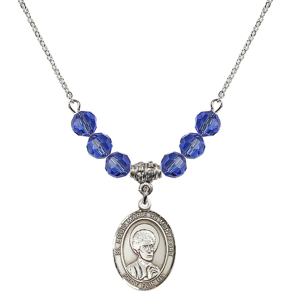 Sterling Silver Saint Louis Marie de Montfort Birthstone Necklace with Sapphire Beads - 8330