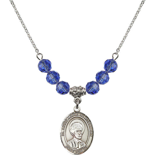 Sterling Silver Saint Louis Marie de Montfort Birthstone Necklace with Sapphire Beads - 8330