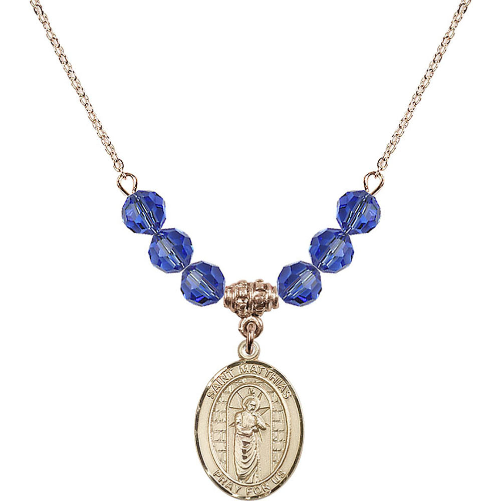 14kt Gold Filled Saint Matthias the Apostle Birthstone Necklace with Sapphire Beads - 8331