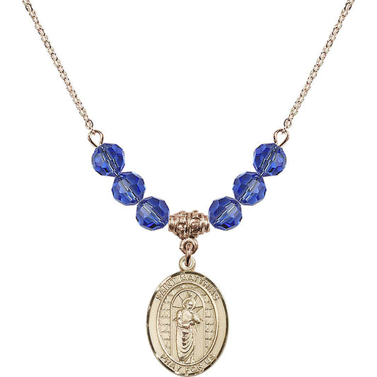 14kt Gold Filled Saint Matthias the Apostle Birthstone Necklace with Sapphire Beads - 8331