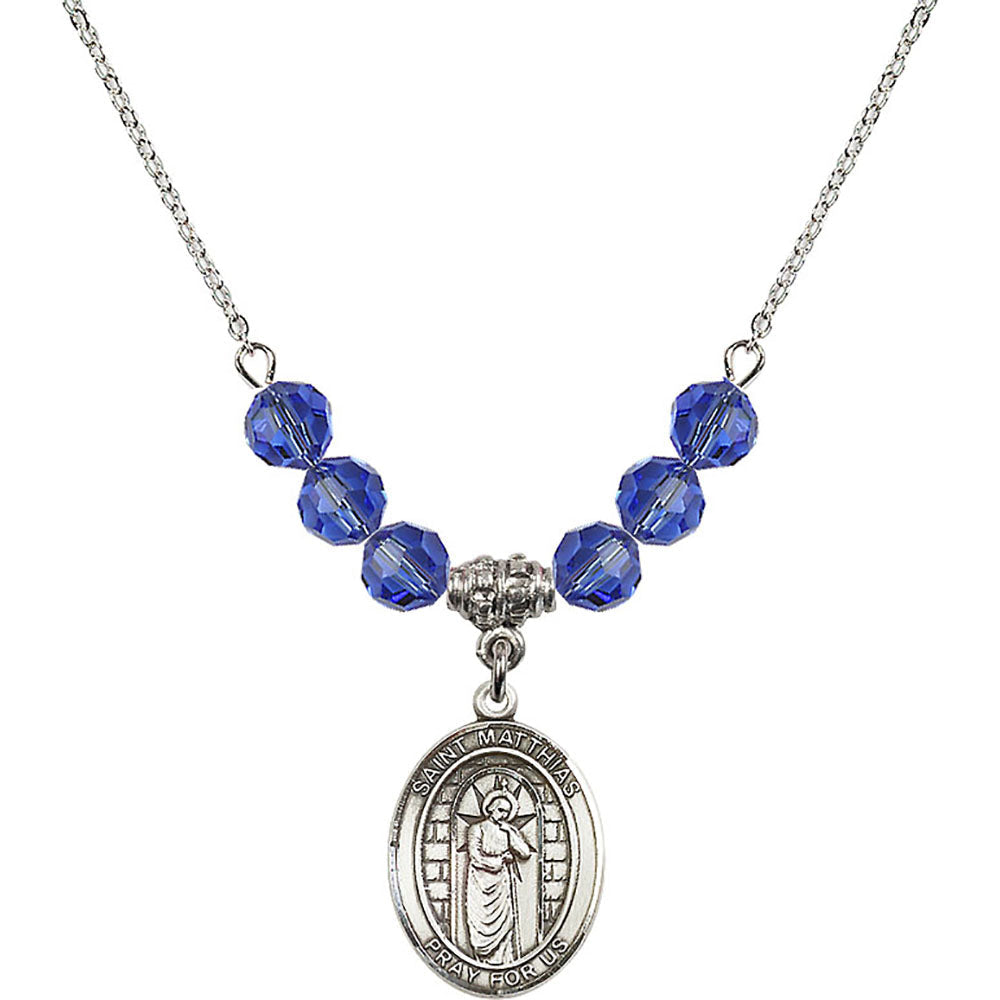 Sterling Silver Saint Matthias the Apostle Birthstone Necklace with Sapphire Beads - 8331