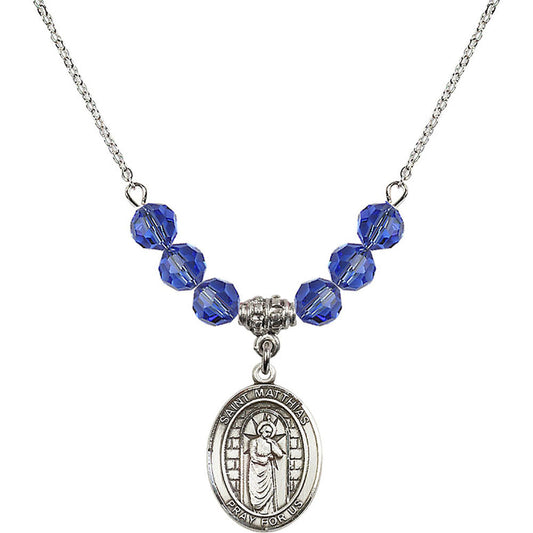 Sterling Silver Saint Matthias the Apostle Birthstone Necklace with Sapphire Beads - 8331