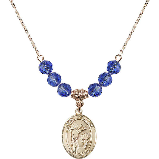 14kt Gold Filled Saint Kenneth Birthstone Necklace with Sapphire Beads - 8332