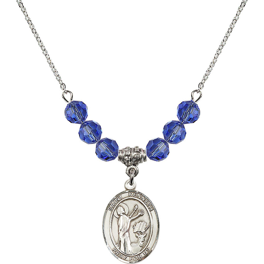 Sterling Silver Saint Kenneth Birthstone Necklace with Sapphire Beads - 8332