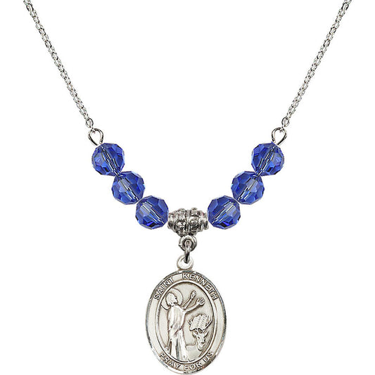 Sterling Silver Saint Kenneth Birthstone Necklace with Sapphire Beads - 8332