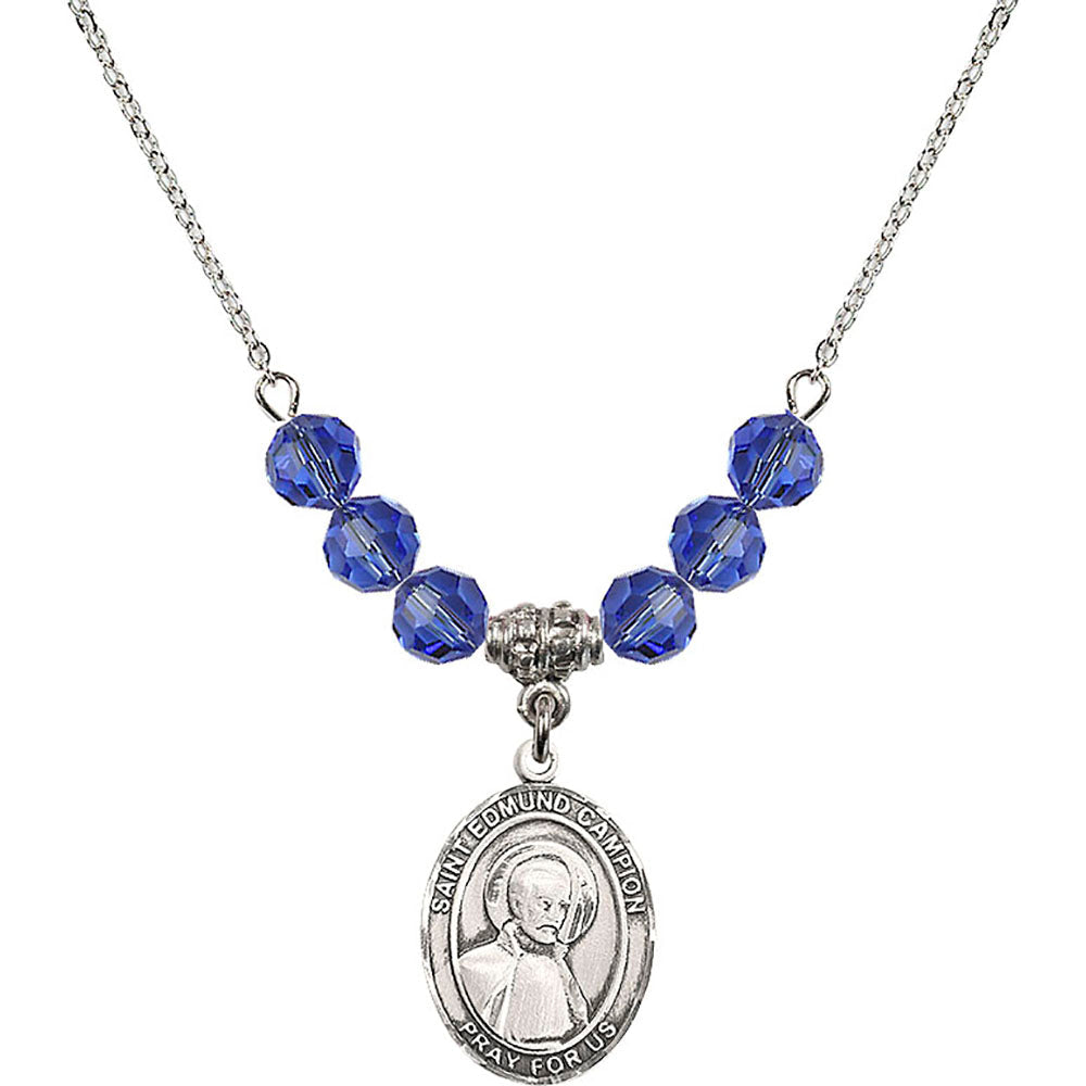 Sterling Silver Saint Edmund Campion Birthstone Necklace with Sapphire Beads - 8333