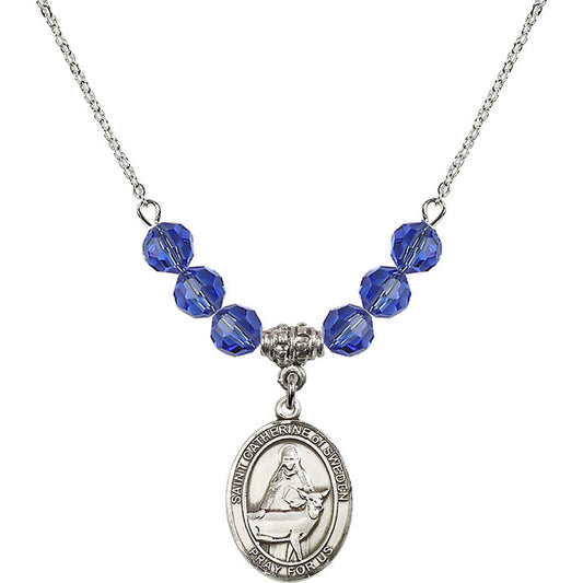 Sterling Silver Saint Catherine of Sweden Birthstone Necklace with Sapphire Beads - 8336