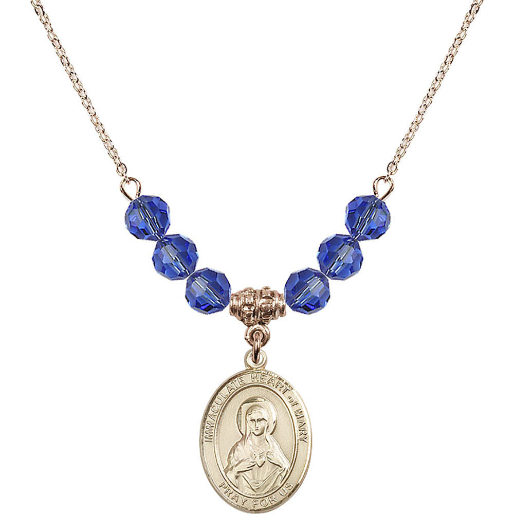 14kt Gold Filled Immaculate Heart of Mary Birthstone Necklace with Sapphire Beads - 8337