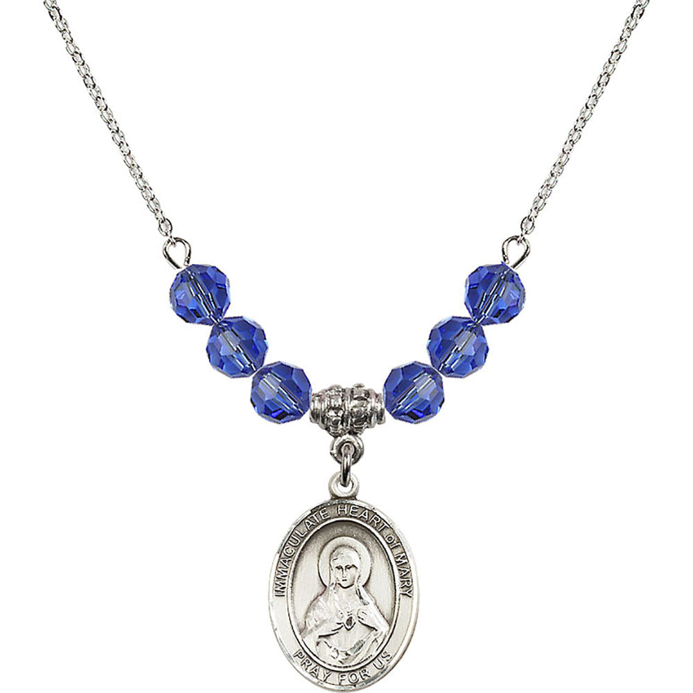 Sterling Silver Immaculate Heart of Mary Birthstone Necklace with Sapphire Beads - 8337
