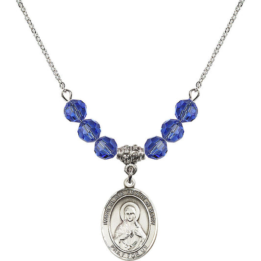 Sterling Silver Immaculate Heart of Mary Birthstone Necklace with Sapphire Beads - 8337