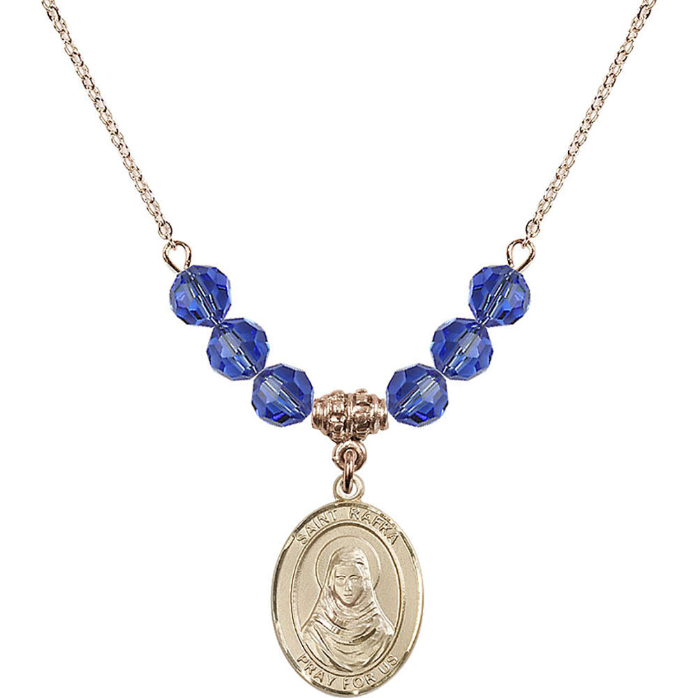 14kt Gold Filled Saint Rafka Birthstone Necklace with Sapphire Beads - 8338