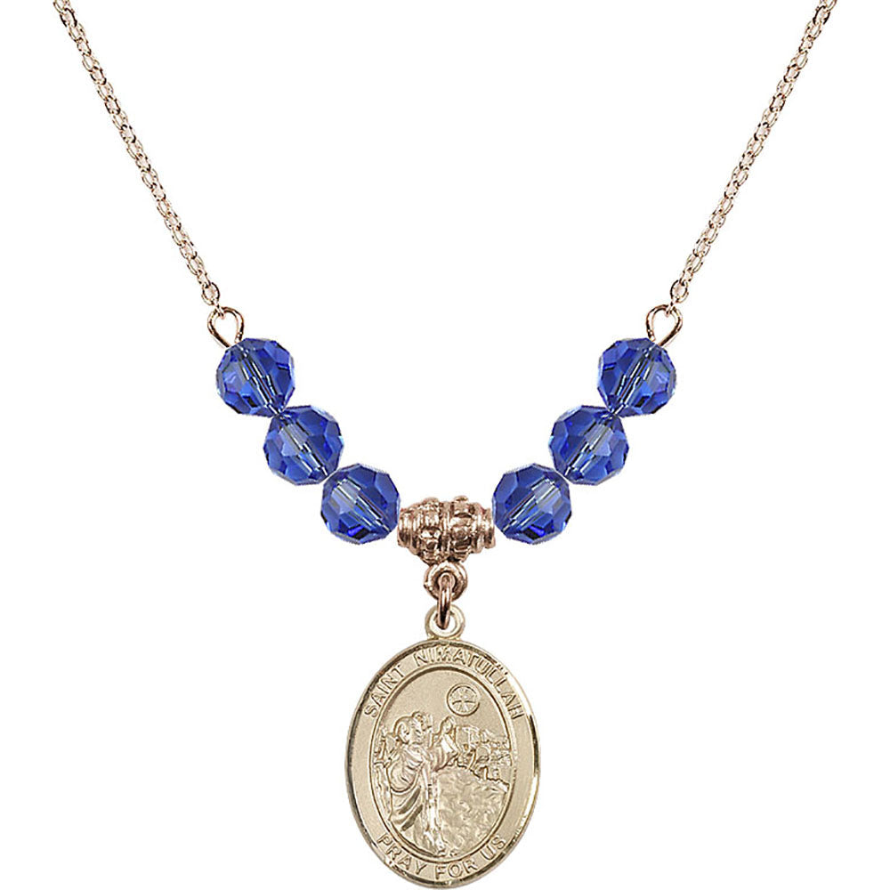 14kt Gold Filled Saint Nimatullah Birthstone Necklace with Sapphire Beads - 8339