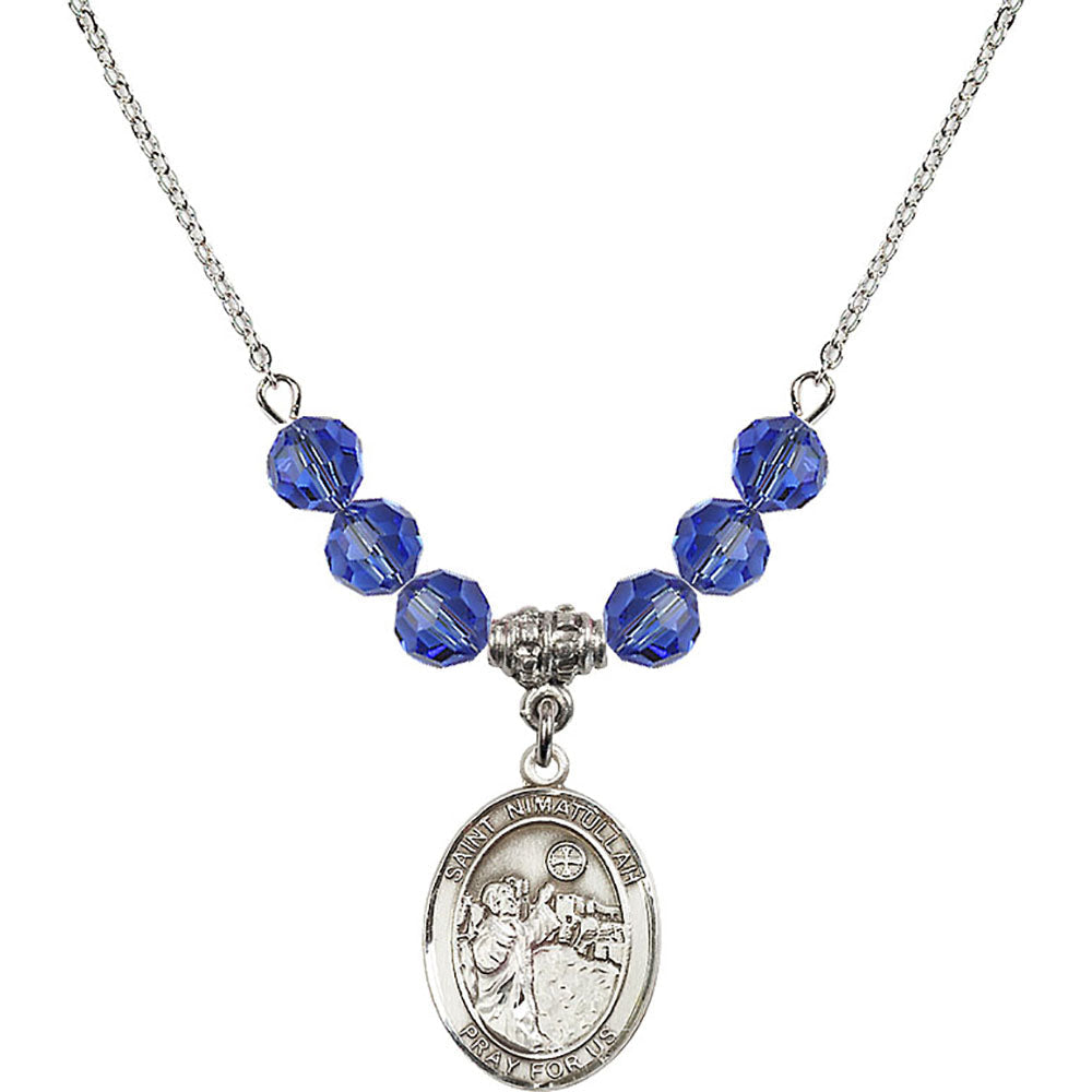 Sterling Silver Saint Nimatullah Birthstone Necklace with Sapphire Beads - 8339