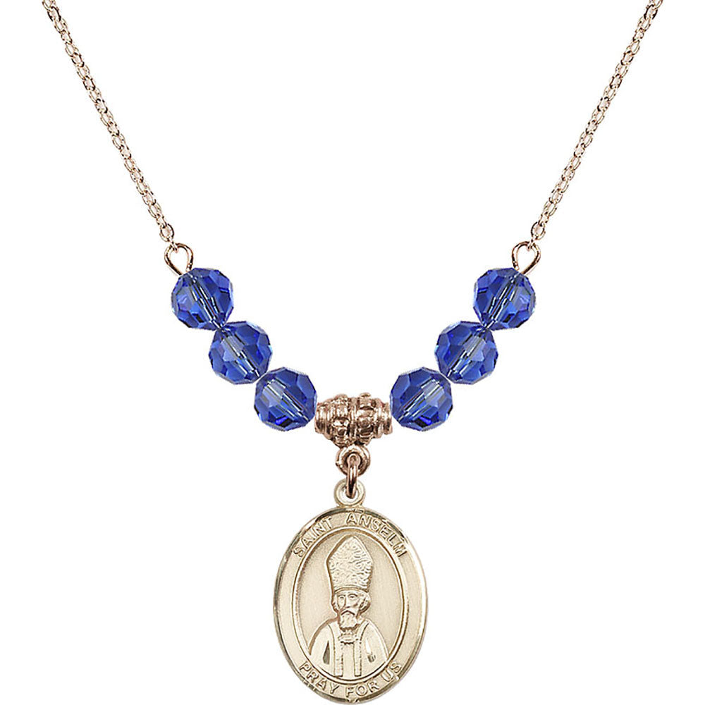 14kt Gold Filled Saint Anselm of Canterbury Birthstone Necklace with Sapphire Beads - 8342