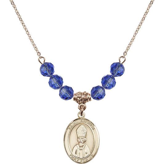 14kt Gold Filled Saint Anselm of Canterbury Birthstone Necklace with Sapphire Beads - 8342
