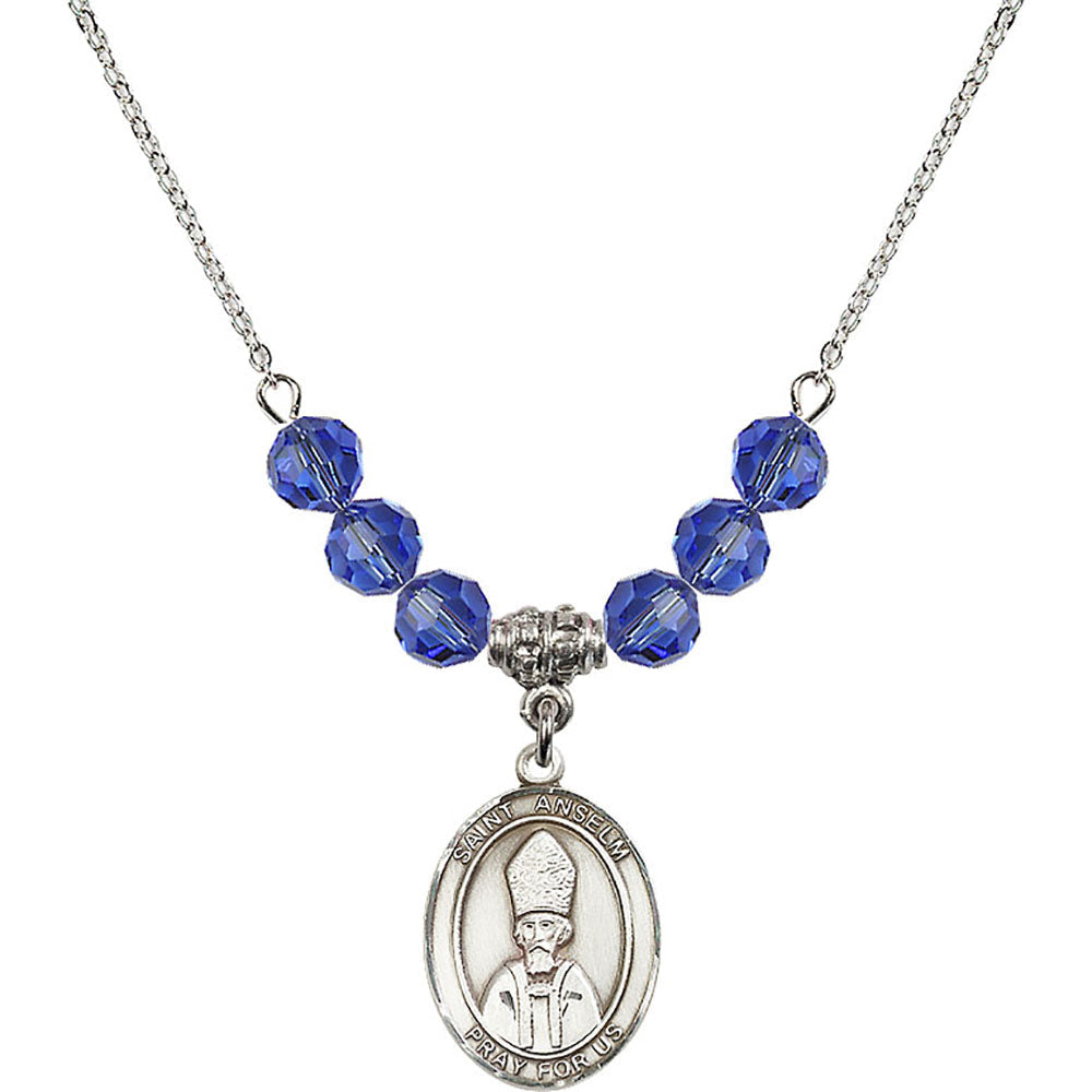 Sterling Silver Saint Anselm of Canterbury Birthstone Necklace with Sapphire Beads - 8342