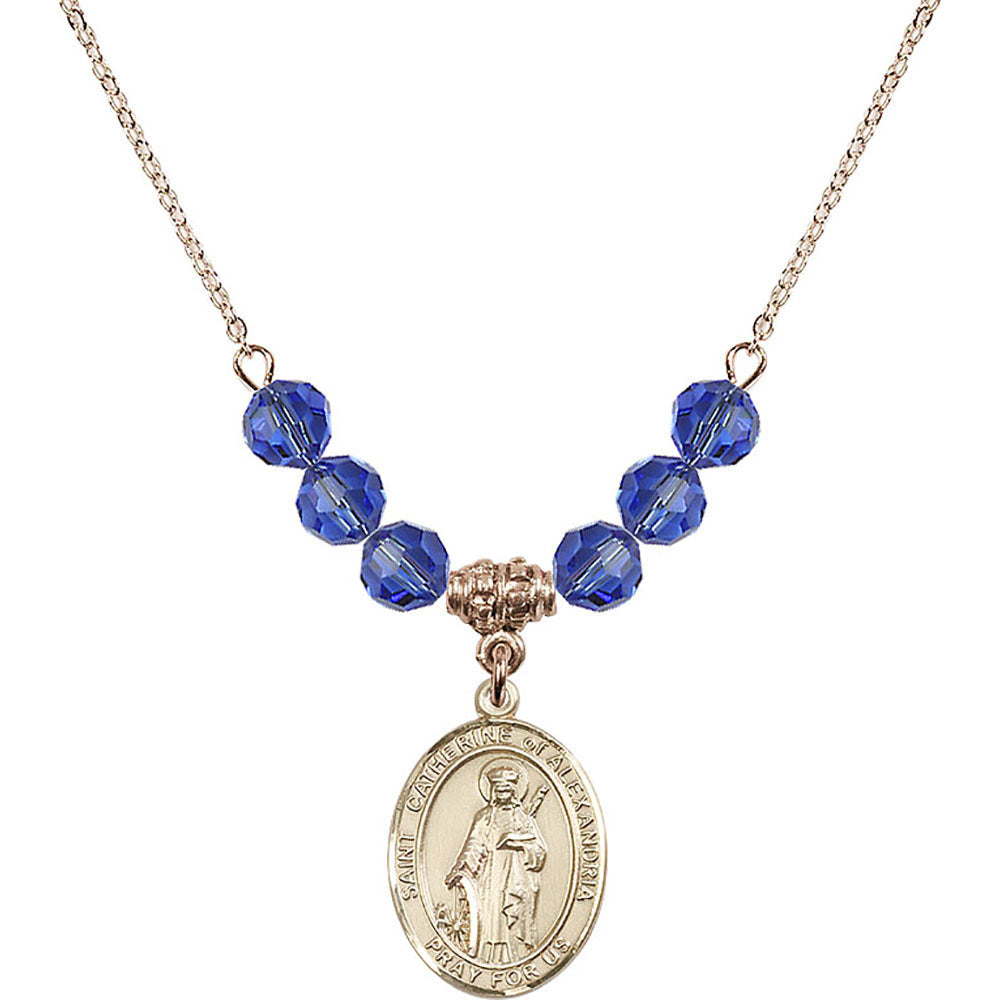 14kt Gold Filled Saint Catherine of Alexandria Birthstone Necklace with Sapphire Beads - 8343