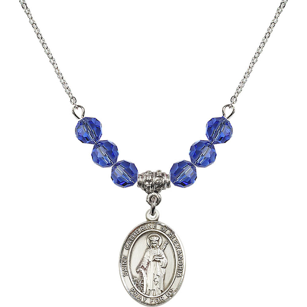 Sterling Silver Saint Catherine of Alexandria Birthstone Necklace with Sapphire Beads - 8343
