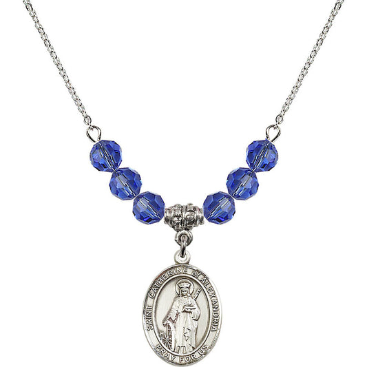 Sterling Silver Saint Catherine of Alexandria Birthstone Necklace with Sapphire Beads - 8343