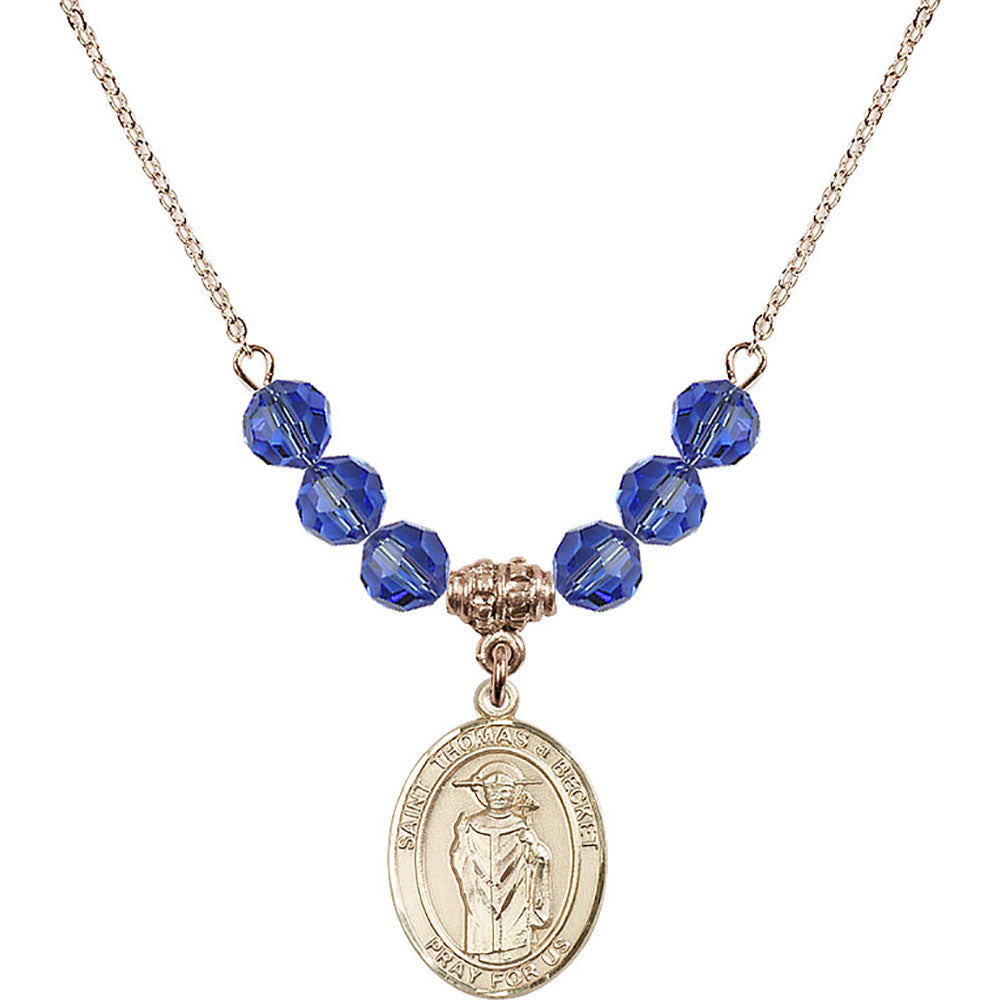 14kt Gold Filled Saint Thomas A Becket Birthstone Necklace with Sapphire Beads - 8344