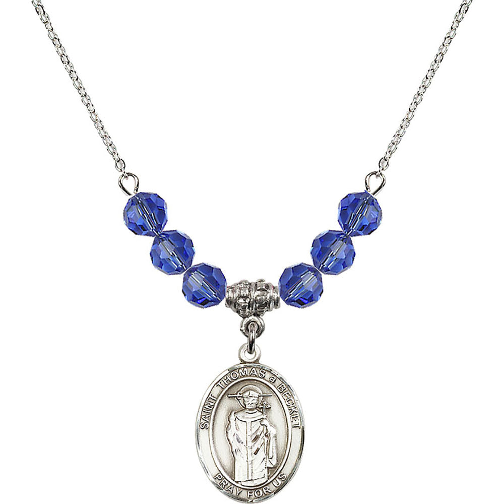 Sterling Silver Saint Thomas A Becket Birthstone Necklace with Sapphire Beads - 8344