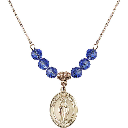 14kt Gold Filled Virgin of the Globe Birthstone Necklace with Sapphire Beads - 8345