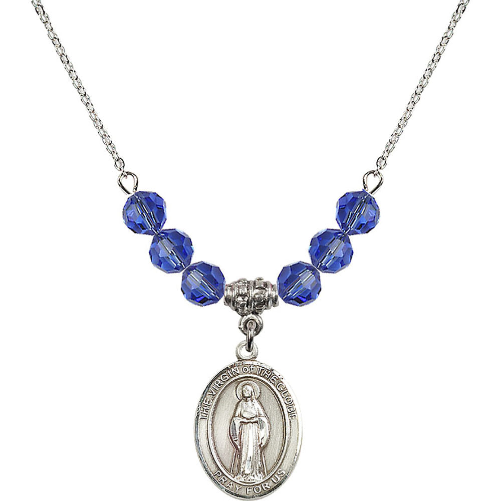 Sterling Silver Virgin of the Globe Birthstone Necklace with Sapphire Beads - 8345