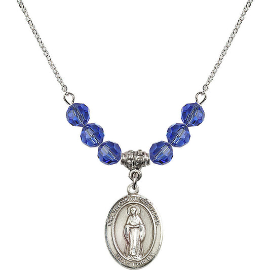 Sterling Silver Virgin of the Globe Birthstone Necklace with Sapphire Beads - 8345