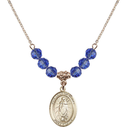 14kt Gold Filled Our Lady of Tears Birthstone Necklace with Sapphire Beads - 8346