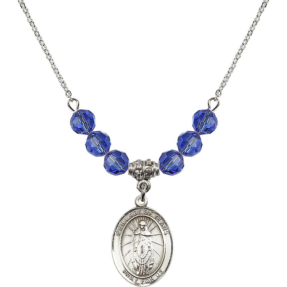 Sterling Silver Our Lady of Tears Birthstone Necklace with Sapphire Beads - 8346