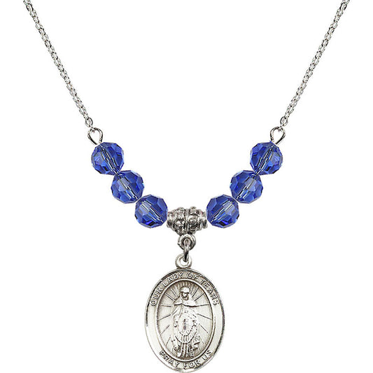 Sterling Silver Our Lady of Tears Birthstone Necklace with Sapphire Beads - 8346