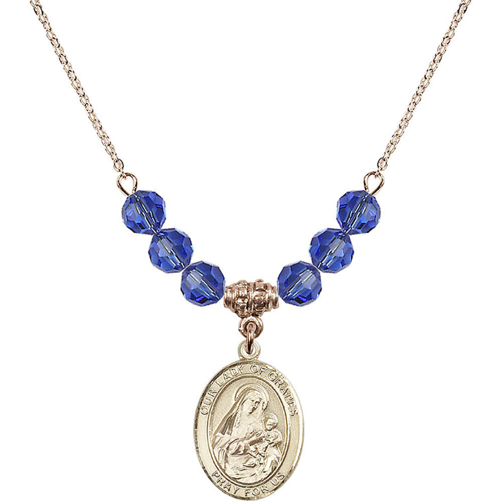 14kt Gold Filled Our Lady of Grapes Birthstone Necklace with Sapphire Beads - 8347