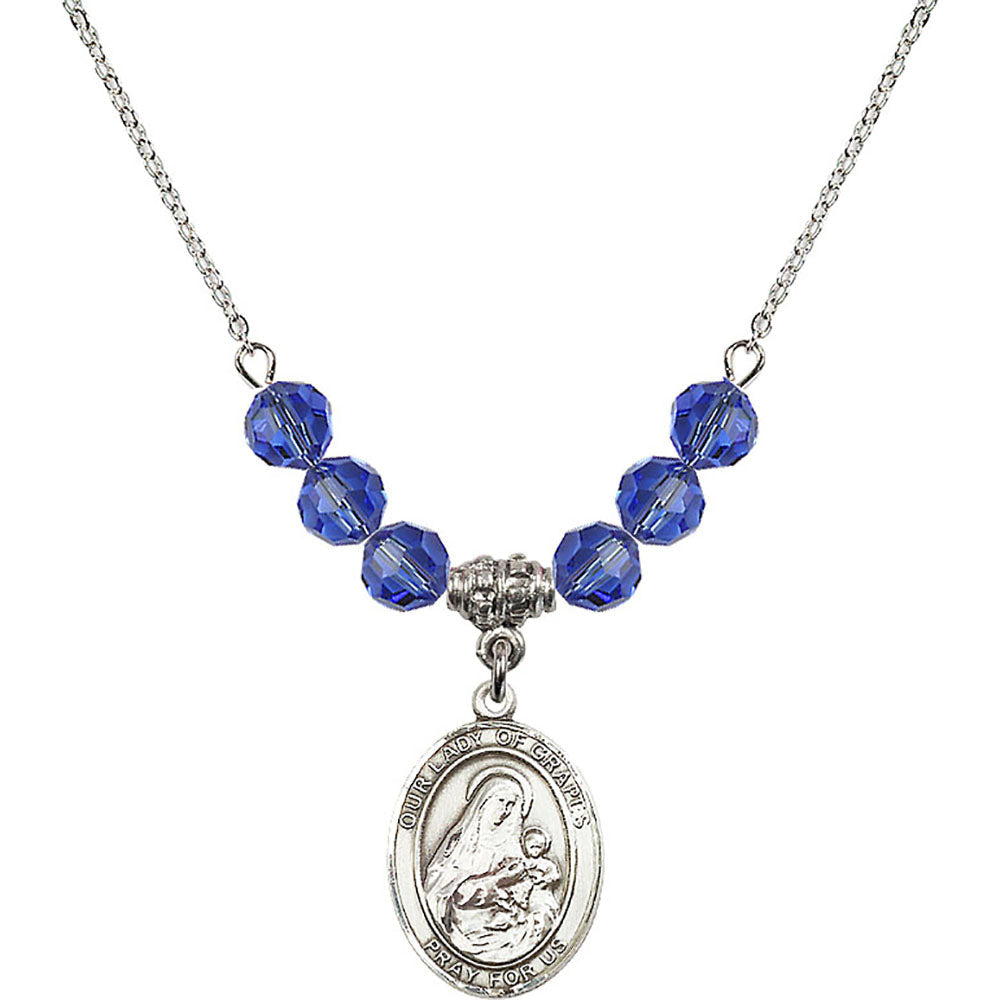 Sterling Silver Our Lady of Grapes Birthstone Necklace with Sapphire Beads - 8347