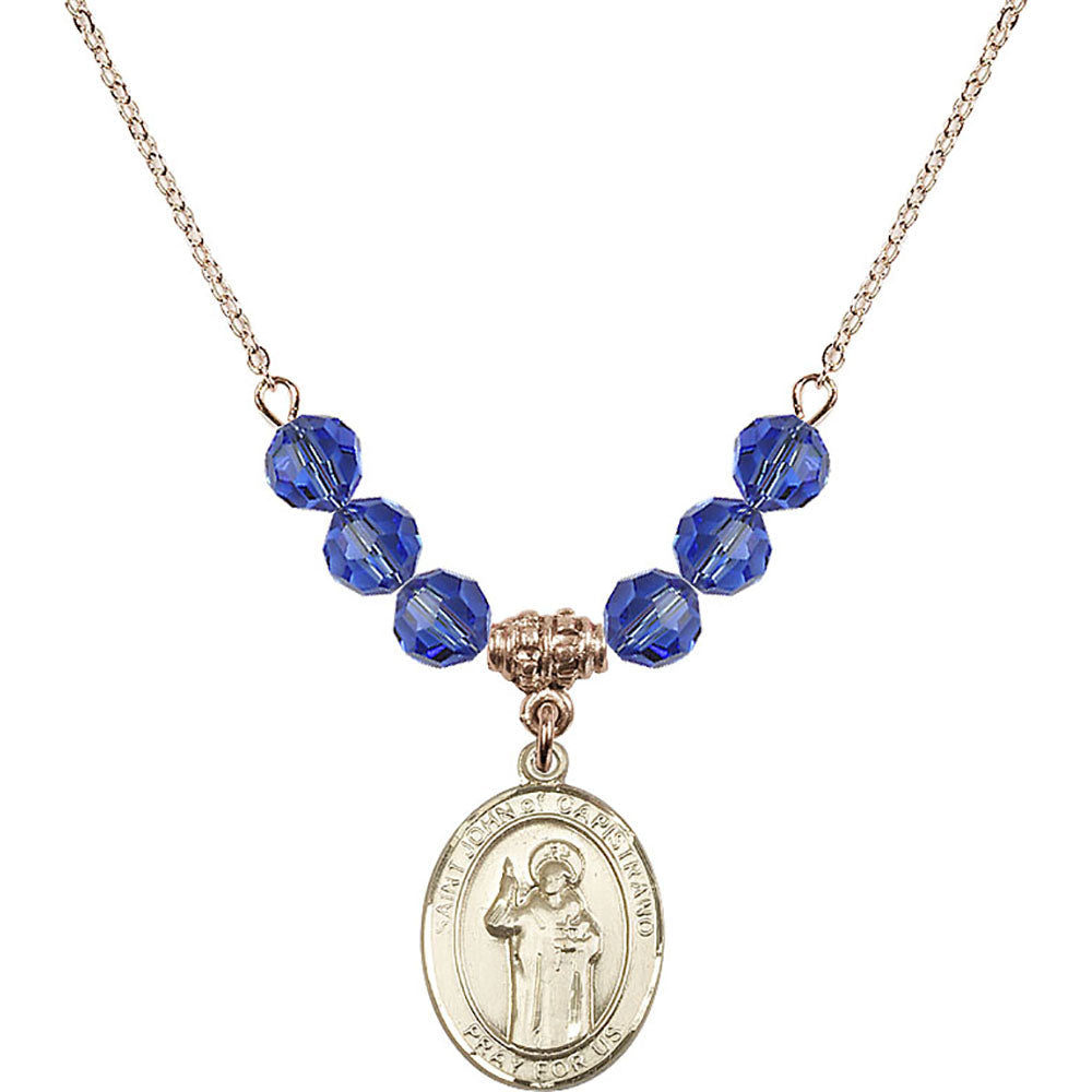 14kt Gold Filled Saint John of Capistrano Birthstone Necklace with Sapphire Beads - 8350