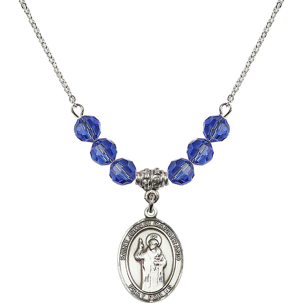 Sterling Silver Saint John of Capistrano Birthstone Necklace with Sapphire Beads - 8350