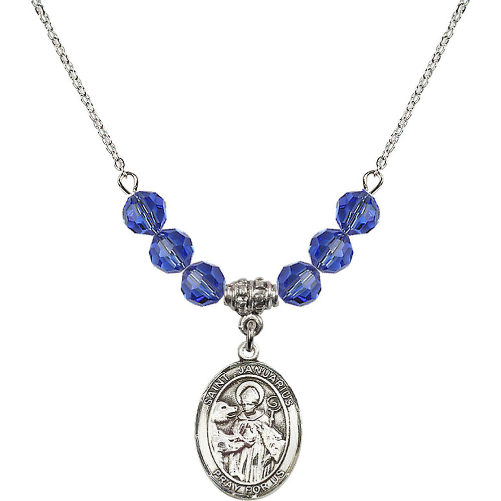 Sterling Silver Saint Januarius Birthstone Necklace with Sapphire Beads - 8351