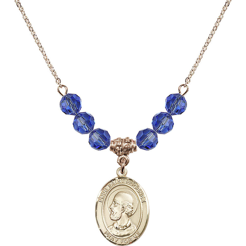 14kt Gold Filled Pope Saint Eugene I Birthstone Necklace with Sapphire Beads - 8352
