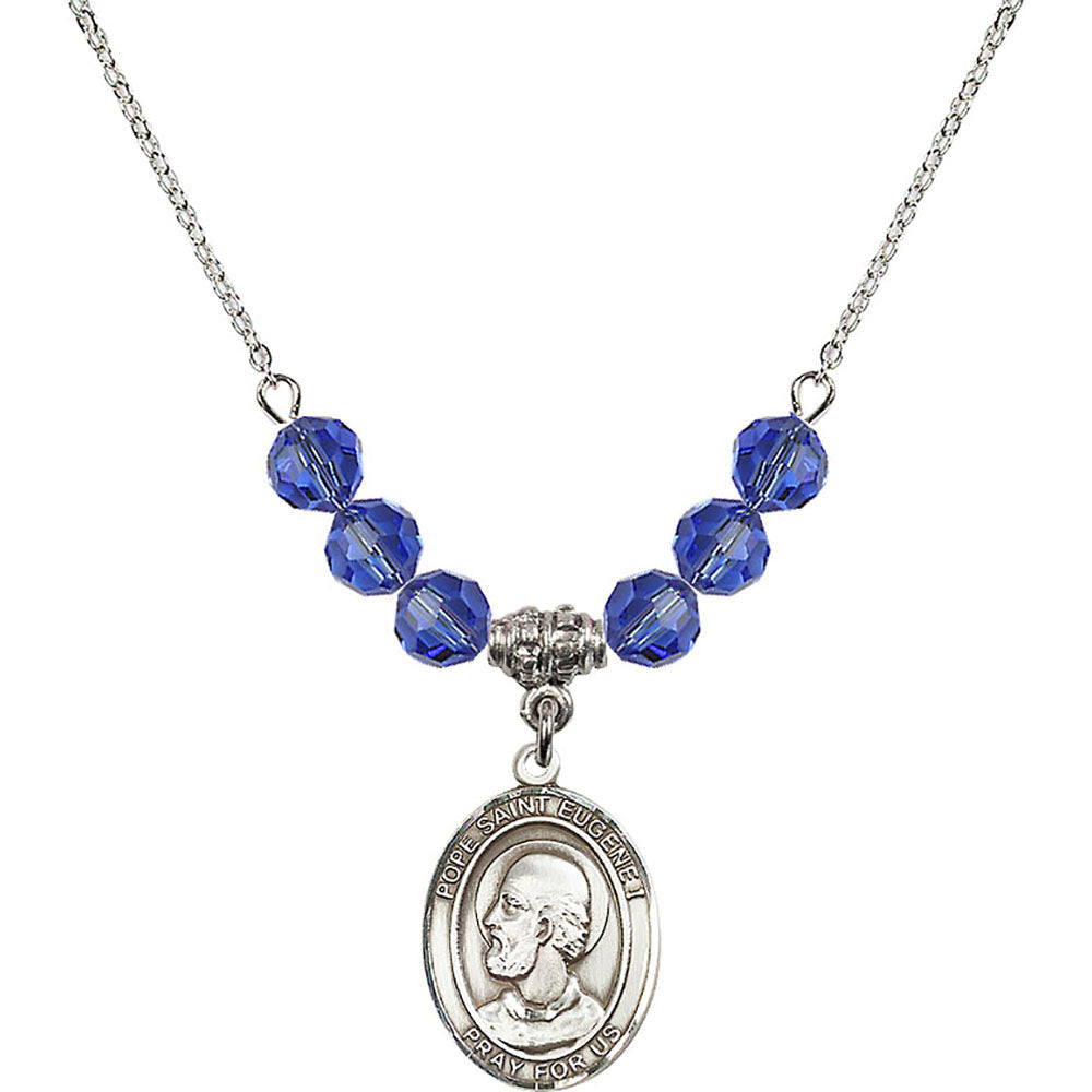 Sterling Silver Pope Saint Eugene I Birthstone Necklace with Sapphire Beads - 8352