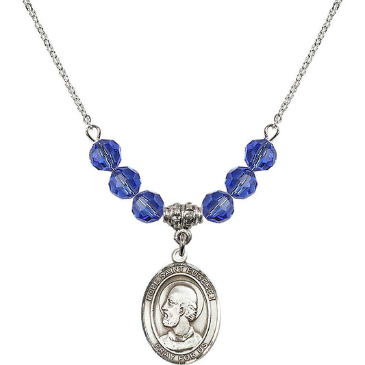 Sterling Silver Pope Saint Eugene I Birthstone Necklace with Sapphire Beads - 8352