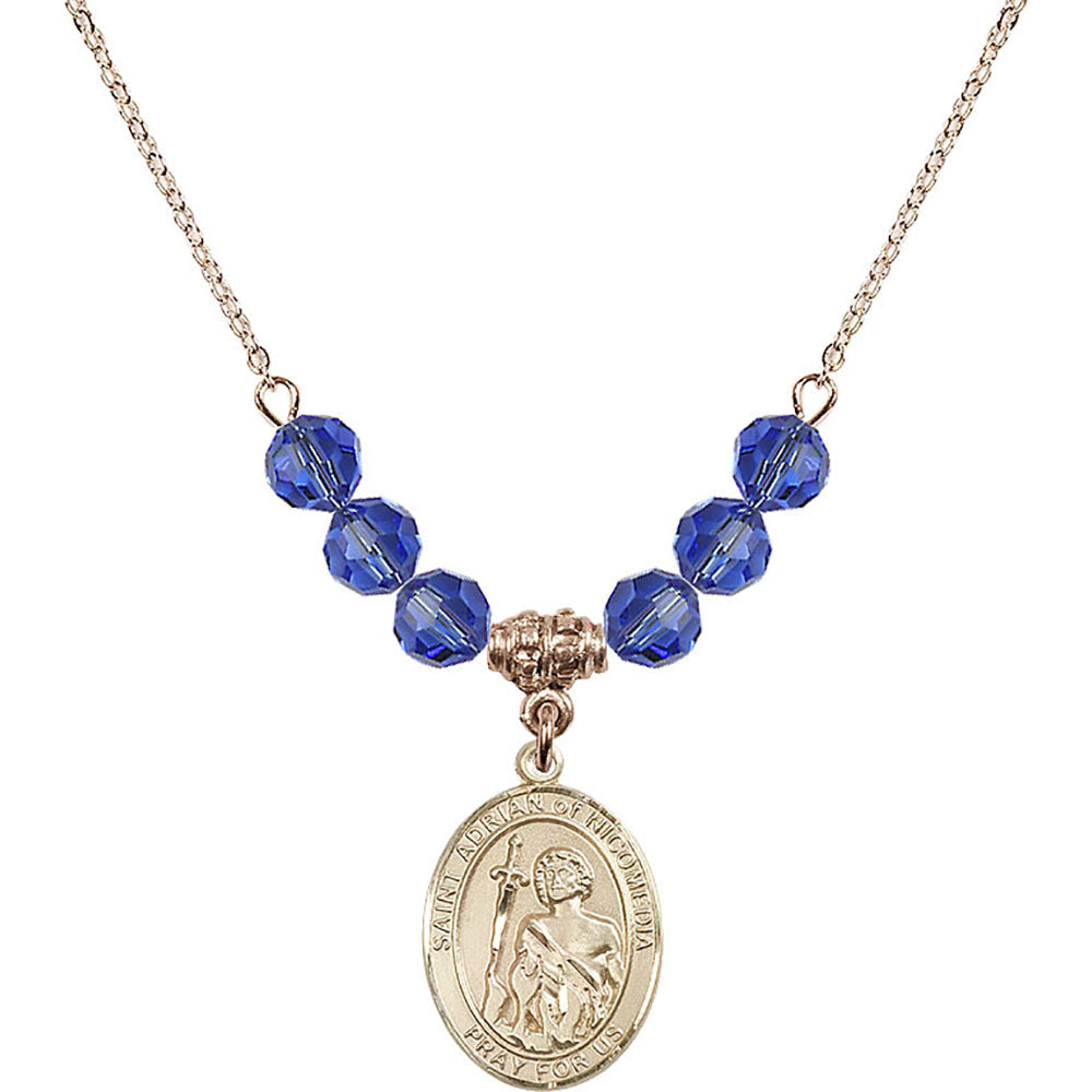 14kt Gold Filled Saint Adrian of Nicomedia Birthstone Necklace with Sapphire Beads - 8353