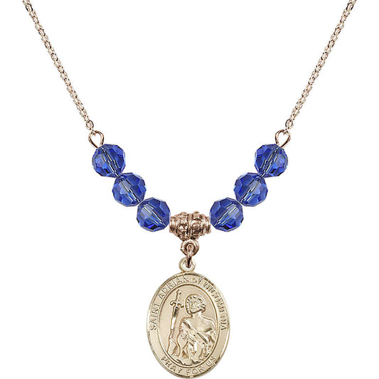 14kt Gold Filled Saint Adrian of Nicomedia Birthstone Necklace with Sapphire Beads - 8353