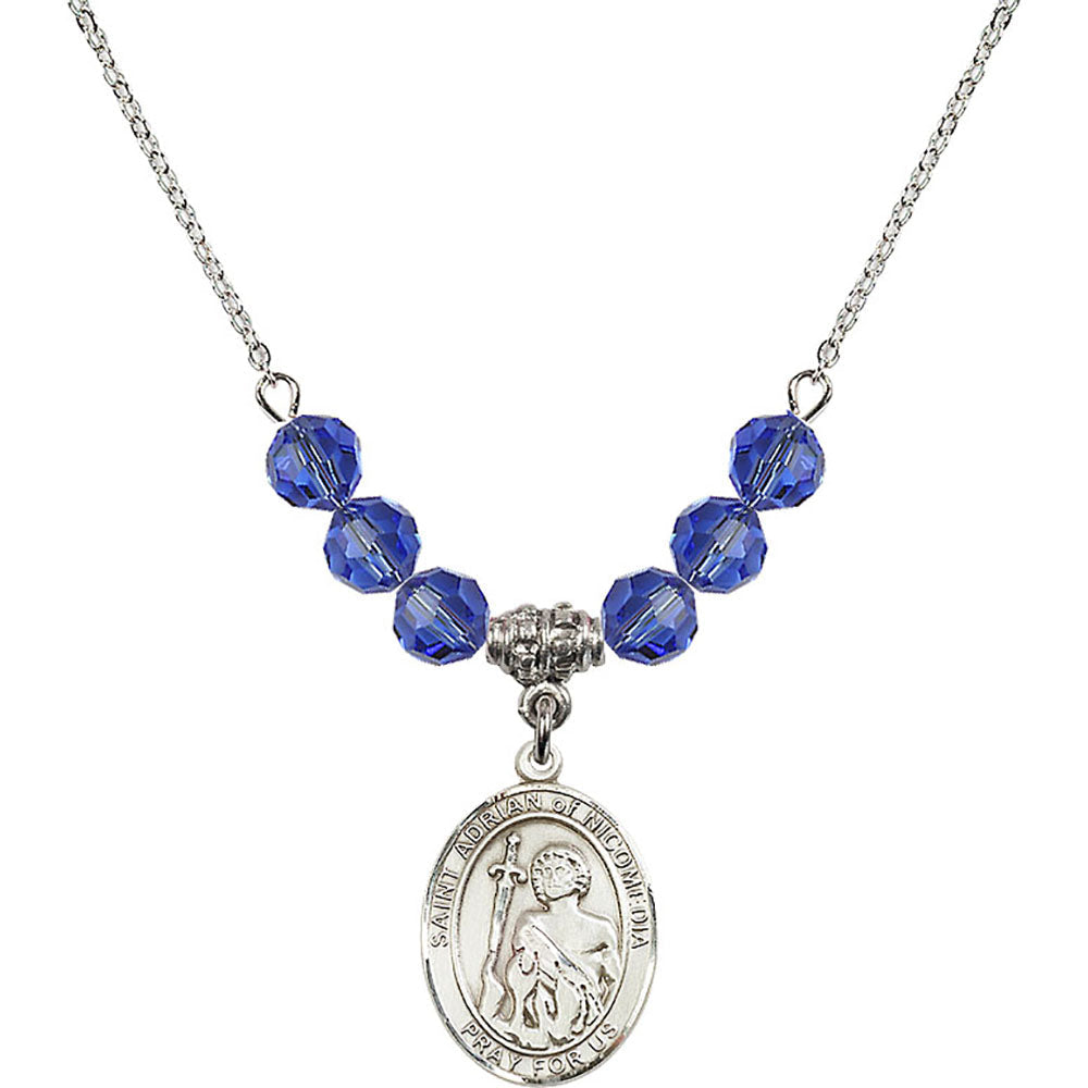 Sterling Silver Saint Adrian of Nicomedia Birthstone Necklace with Sapphire Beads - 8353