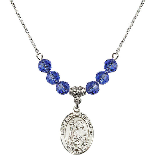 Sterling Silver Saint Adrian of Nicomedia Birthstone Necklace with Sapphire Beads - 8353