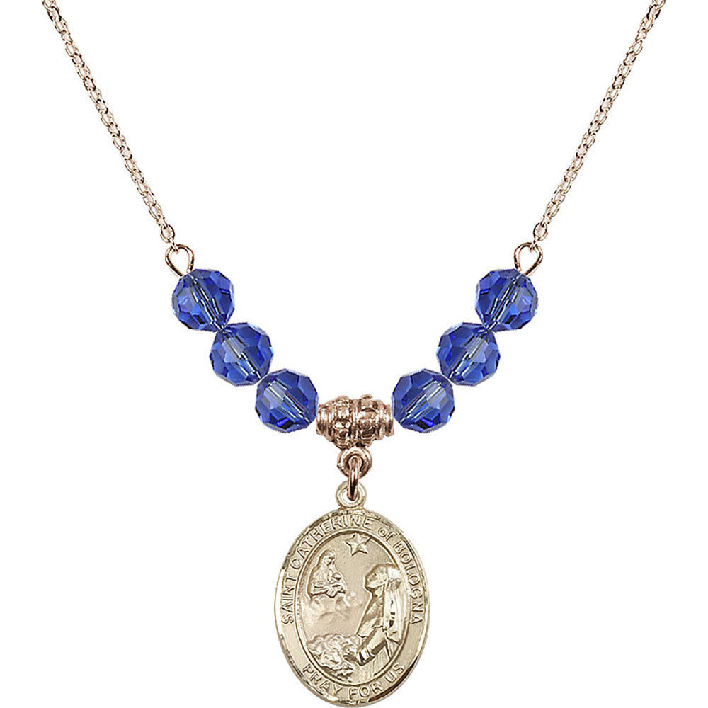 14kt Gold Filled Saint Catherine of Bologna Birthstone Necklace with Sapphire Beads - 8354