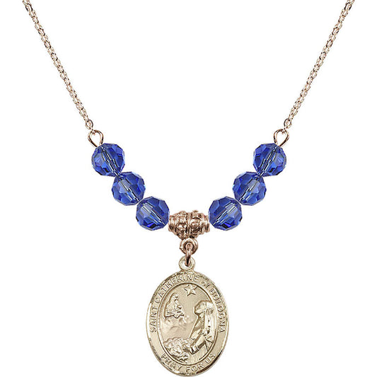 14kt Gold Filled Saint Catherine of Bologna Birthstone Necklace with Sapphire Beads - 8354