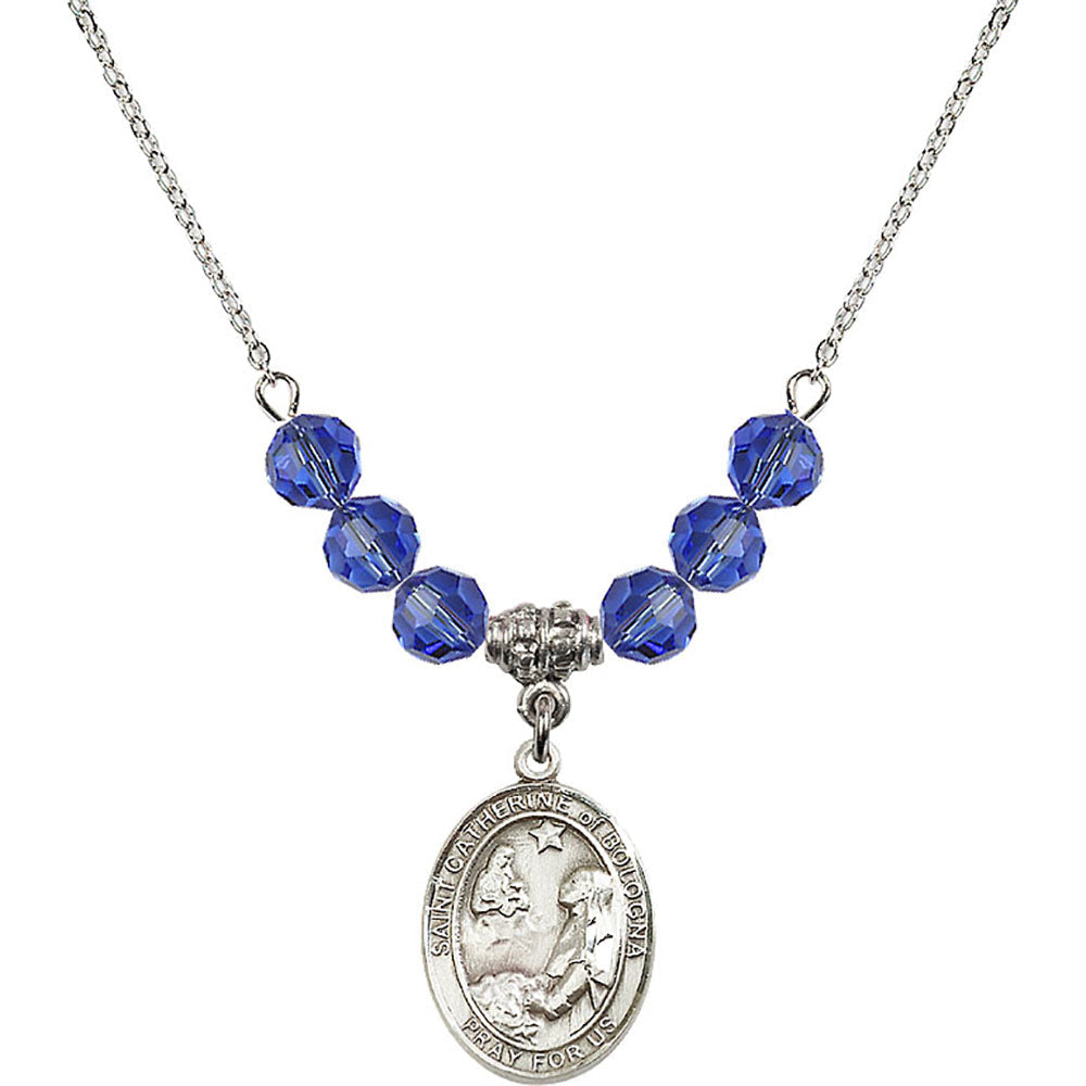 Sterling Silver Saint Catherine of Bologna Birthstone Necklace with Sapphire Beads - 8354