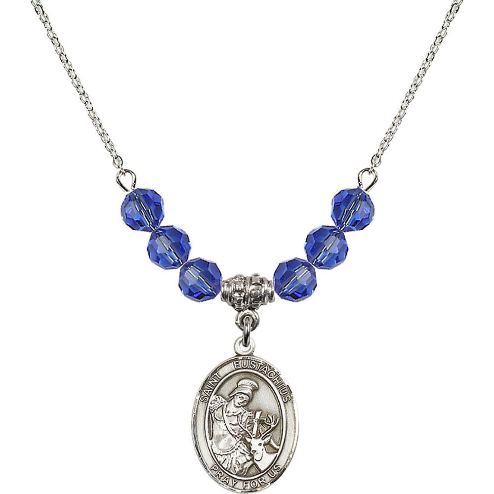 Sterling Silver Saint Eustachius Birthstone Necklace with Sapphire Beads - 8356