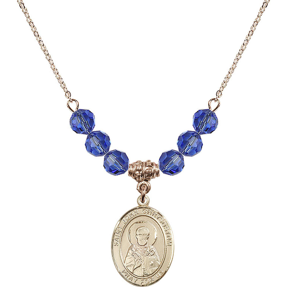 14kt Gold Filled Saint John Chrysostom Birthstone Necklace with Sapphire Beads - 8357