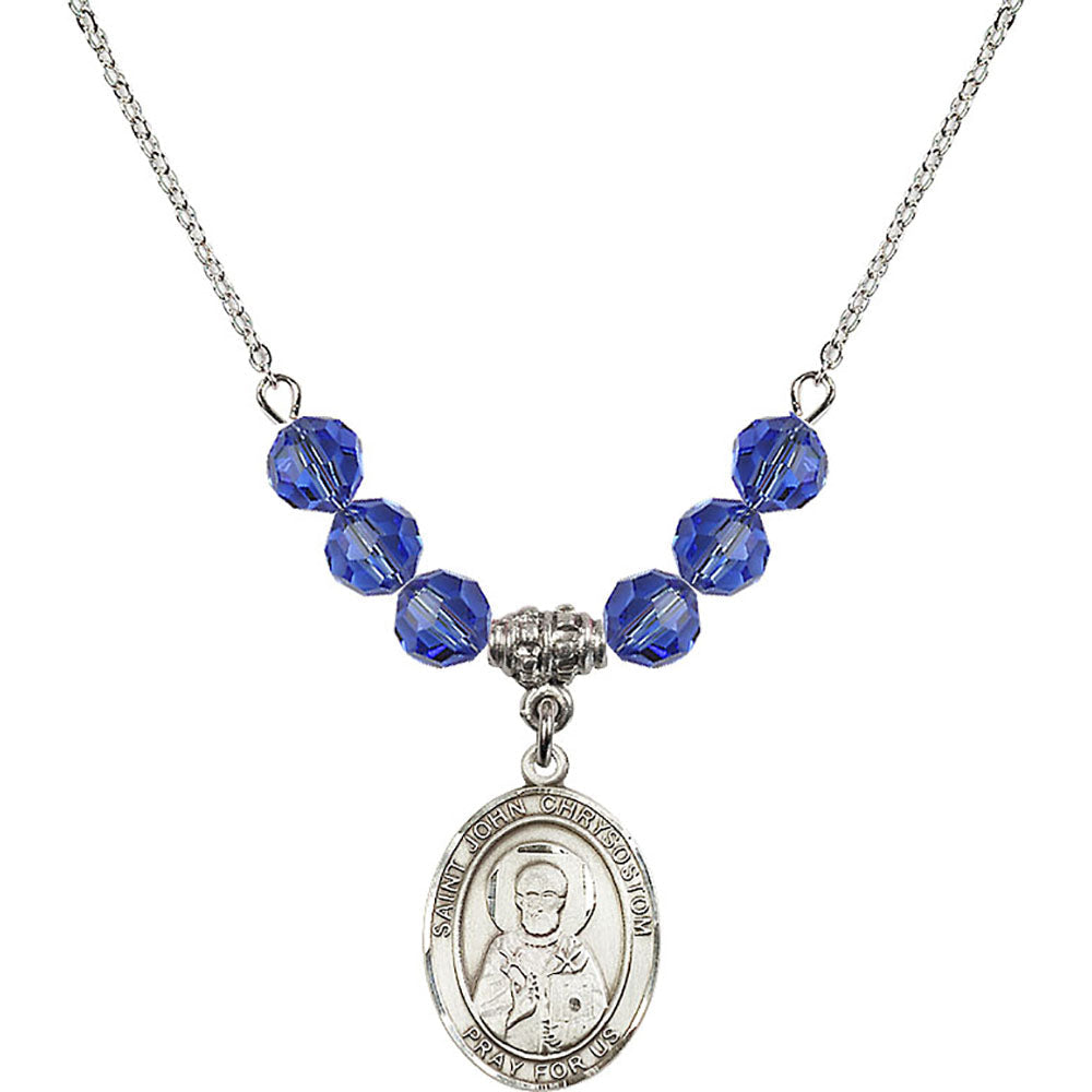 Sterling Silver Saint John Chrysostom Birthstone Necklace with Sapphire Beads - 8357
